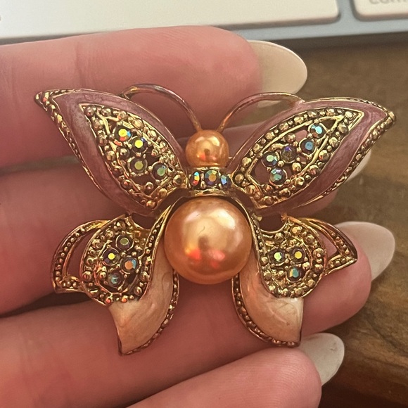 Vintage Jewelry - Vintage 70s Bejeweled Gold and Pink Butterfly Brooch with Sparkling AB stones D1